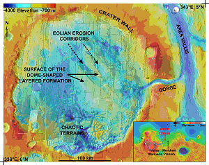 This map shows the Aram Chaos region of Mars - a crater 280 km in diameter lying almost directly on the martian equator where the OMEGA instrument found mineralogical evidence for large-scale deposits of ferric oxides (commonly known as 'rust' on Earth) and sulphates