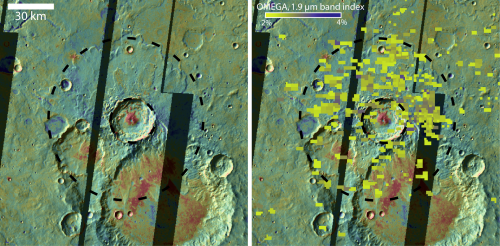 OMEGA/Mars Express and CRISM/MRO spectro-imagers discovered different hydrated minerals in the crater at the center of the image and on most of its ejecta blanket, excavated from depth down to over 2 km during the impact. The image on the right shows pixels where OMEGA detected hydrated silicates. It is one of the biggest crater of the area on which these minerals have been identified.